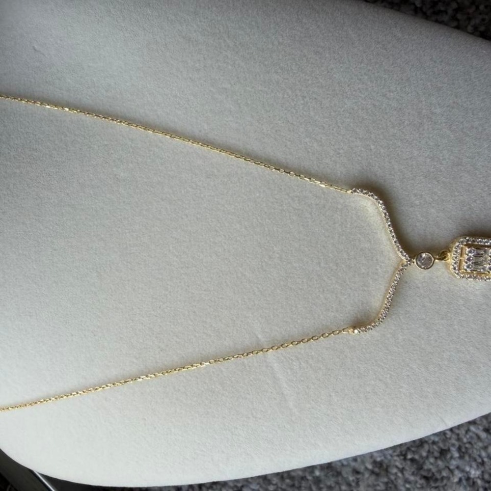 Gold Tone Crystal Halo Rectangular Drop Y Necklace - Picture 2 of 3